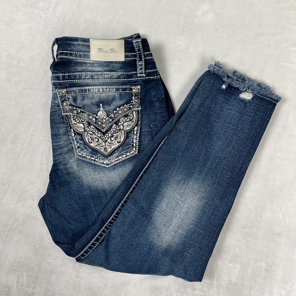 Miss Me Curvy Ankle Skinny Jeans Womens 34 Blue Medium Wash Distressed Denim